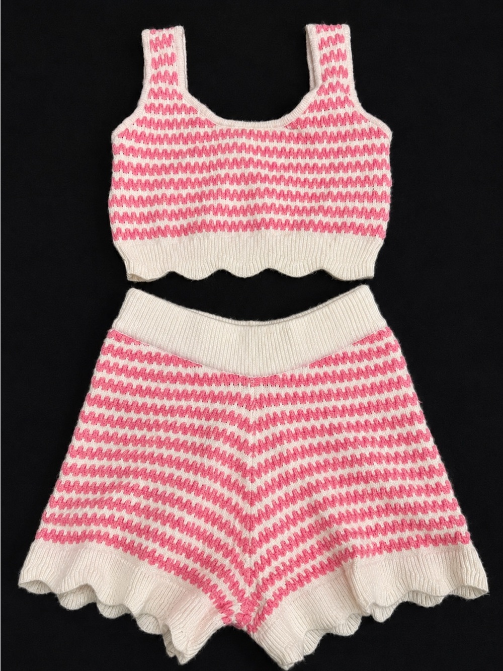 High-Waist Knit Shorts Set in Pink & Cream — Women's Two-Piece